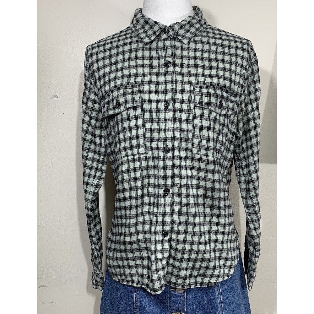 Copper Key Women's Plaid Flannel Shirt XS Mint Green Black Long Sleeve Button Up